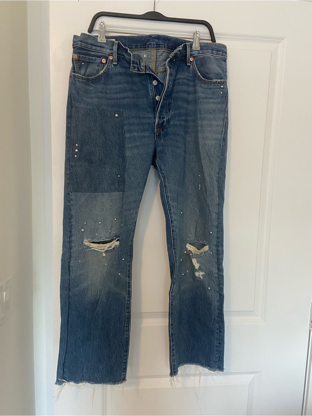 Men's Straight Denim Jeans in Faded Blue with Stud Accents